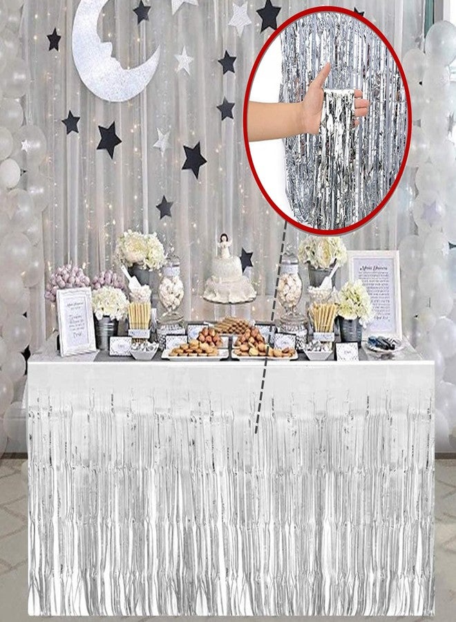 ANTFEES 6 Pack Metallic Foil Fringe Tinsel Table Skirt, antfees 29.5''x108'' Disposable Party Table Skirt Banner for Rectangle Tables, Wedding, Birthday, Parade Floats, Party Decoration (Silver) - Image 5
