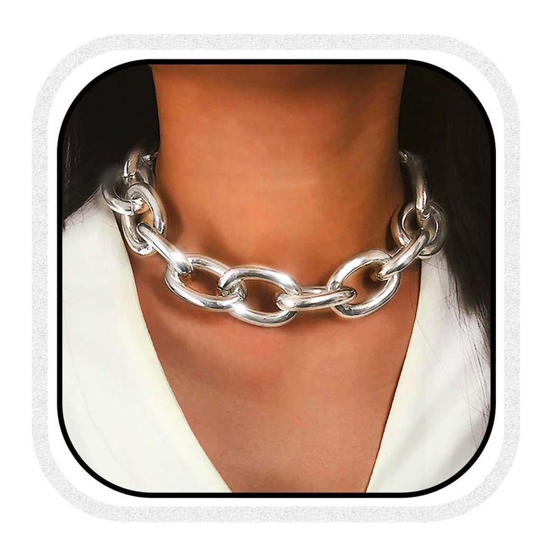 CLOACE Chunky Choker Necklace Silver Cuban Link Chain Necklaces Thick Necklace Chain Punk Jewelry Adjustable for Women(Silver chain) - Image 1