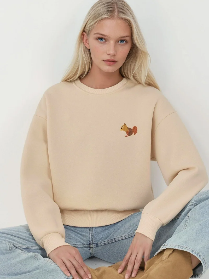 HICCUP Comfort Animal Pattern Embroidered Raised Crew Neck Sweatshirt