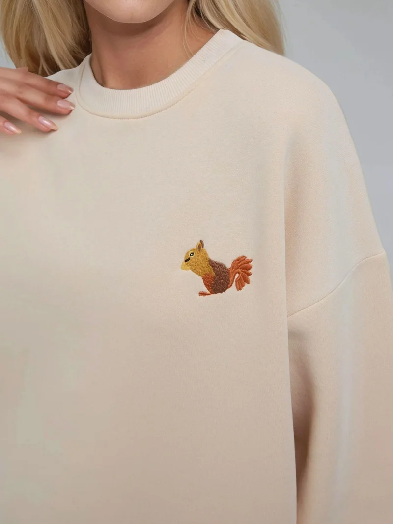 HICCUP Comfort Animal Pattern Embroidered Raised Crew Neck Sweatshirt