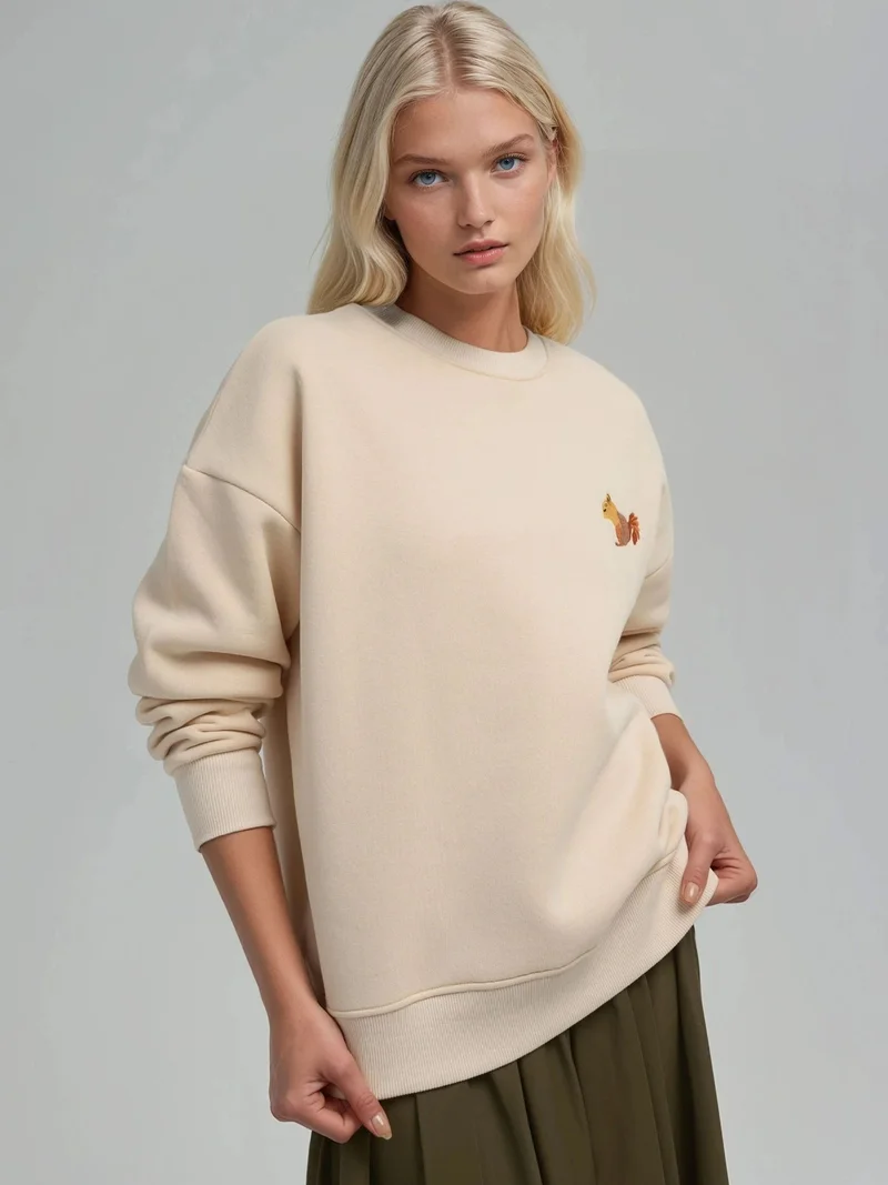 Hiccup Cream Natural Comfort Animal Pattern Embroidered Raised Crew Neck Sweatshirt for Women | Best Price UAE