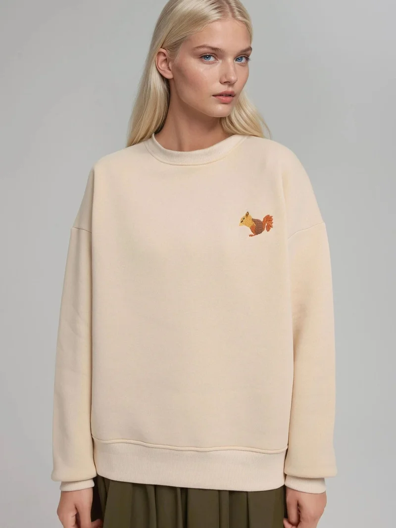 Hiccup Cream Natural Comfort Animal Pattern Embroidered Raised Crew Neck Sweatshirt for Women | Best Price UAE