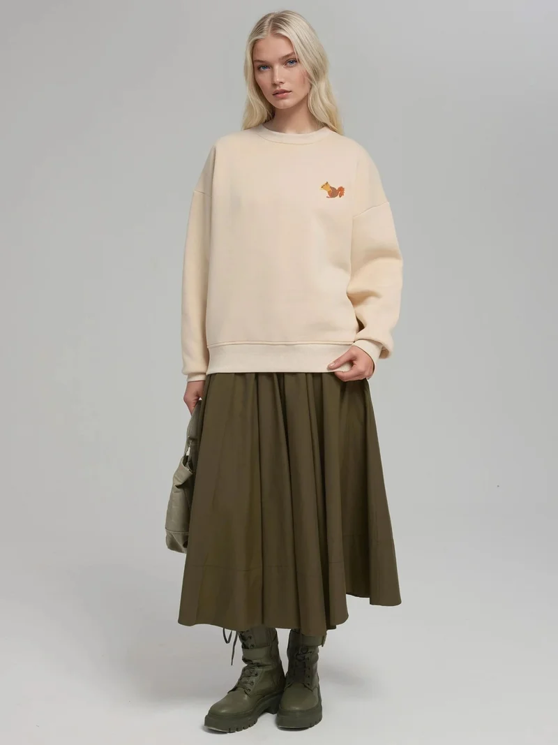 Hiccup Cream Natural Comfort Animal Pattern Embroidered Raised Crew Neck Sweatshirt for Women | Best Price UAE