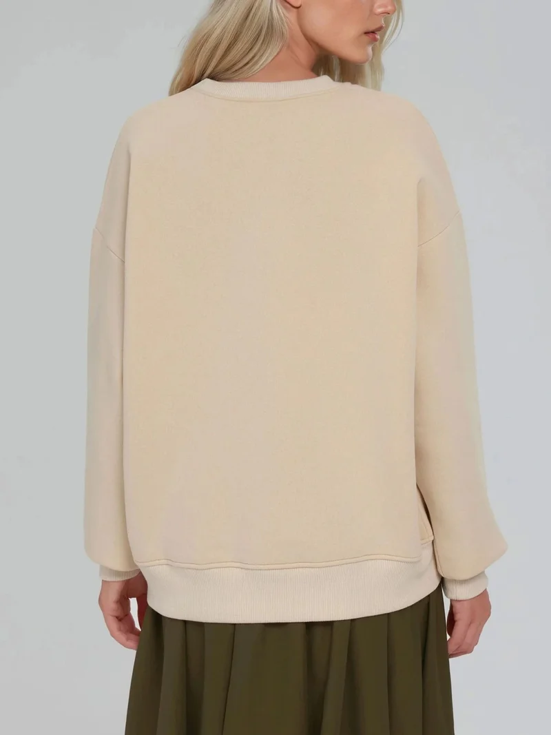 Hiccup Cream Natural Comfort Animal Pattern Embroidered Raised Crew Neck Sweatshirt for Women | Best Price UAE