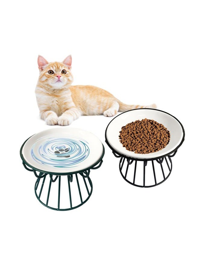 MUYG Ceramic Cat Bowls with Metal Stand,2 Pack Elevated Cat Bowl Raised Kitten Food&Water Feeding Shallow Dish for Indoor Cats,Puppies,Small Dogs - Image 1