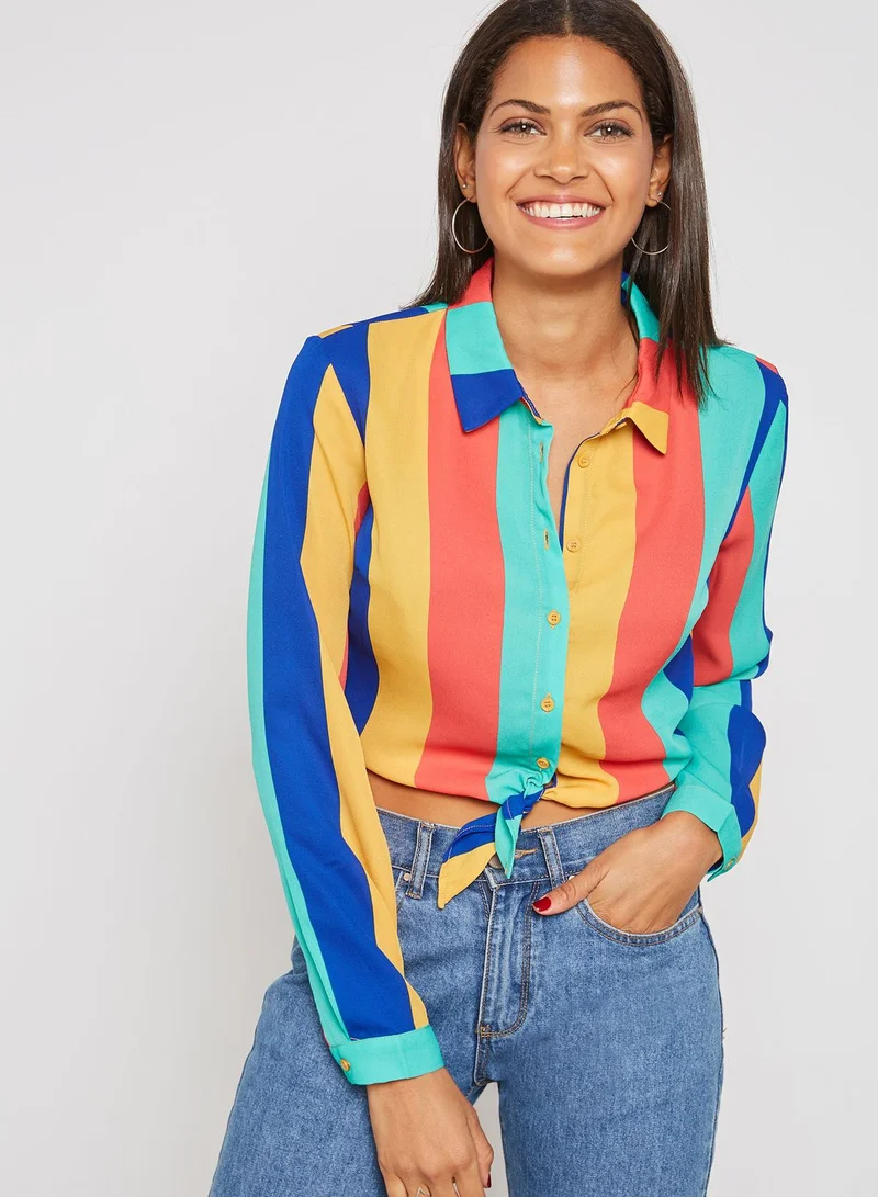 FOREVER 21 Front Tie Colorblock Crop Shirt