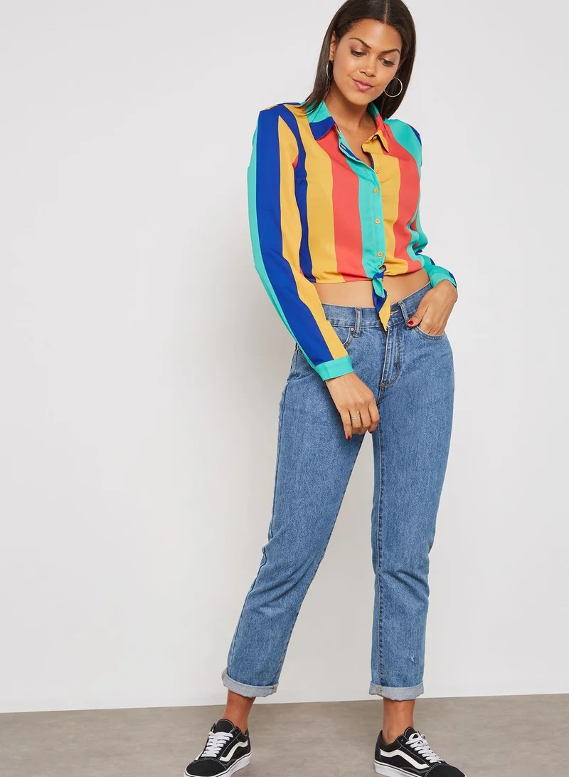 FOREVER 21 Front Tie Colorblock Crop Shirt