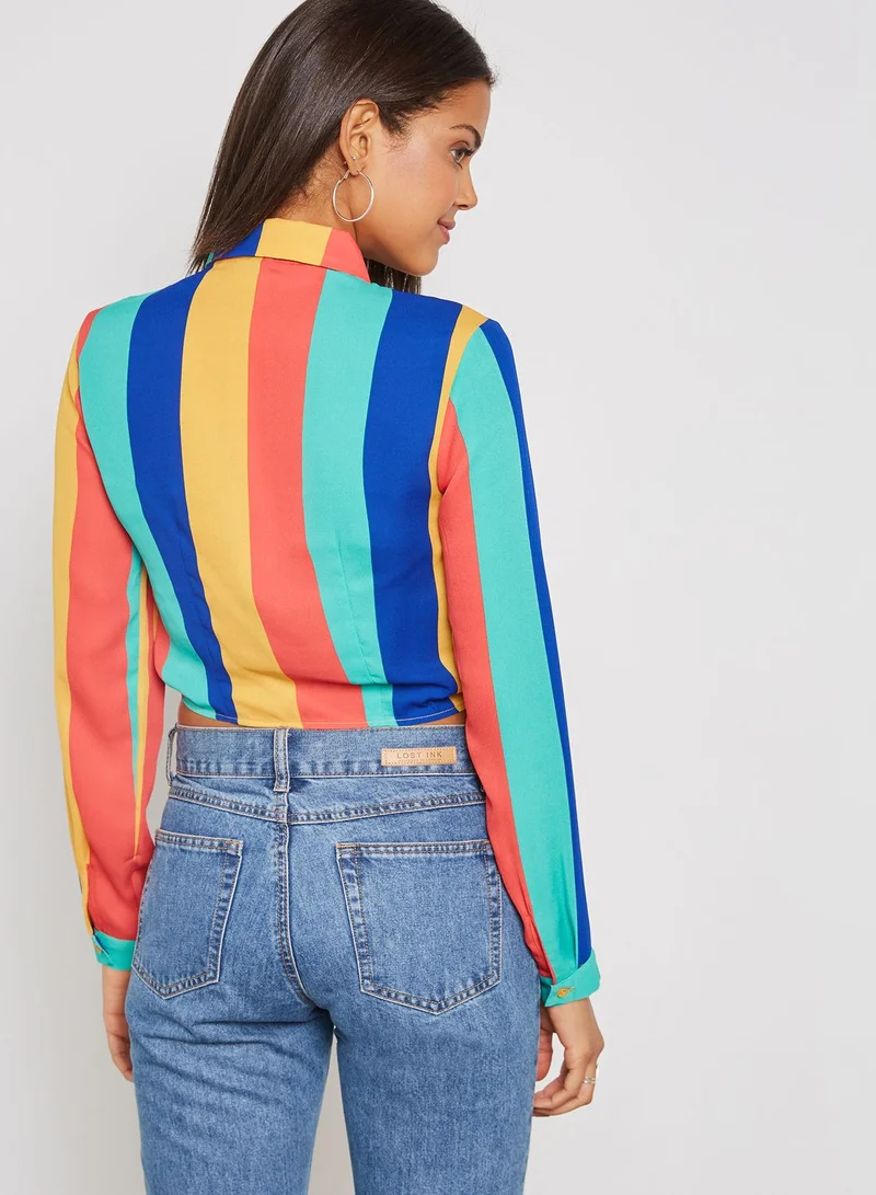 FOREVER 21 Front Tie Colorblock Crop Shirt