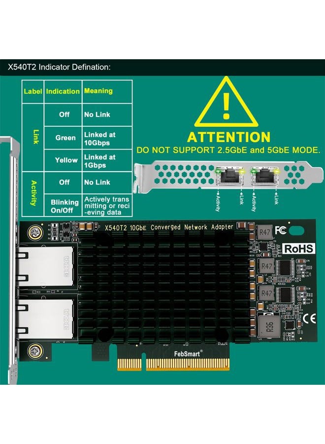 FebSmart PCIE X8 to 2X 10Gbps RJ45 Ports Network Adapter, Intel X540-AT2 Ethernet Controller, 2X 10GBASE-T RJ45 Interface PCIE NIC Card, PCI Express 10Gbps Converged Network Adapter (X540T2) - Image 4