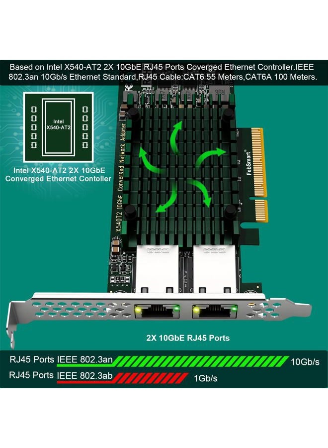 FebSmart PCIE X8 to 2X 10Gbps RJ45 Ports Network Adapter, Intel X540-AT2 Ethernet Controller, 2X 10GBASE-T RJ45 Interface PCIE NIC Card, PCI Express 10Gbps Converged Network Adapter (X540T2) - Image 2