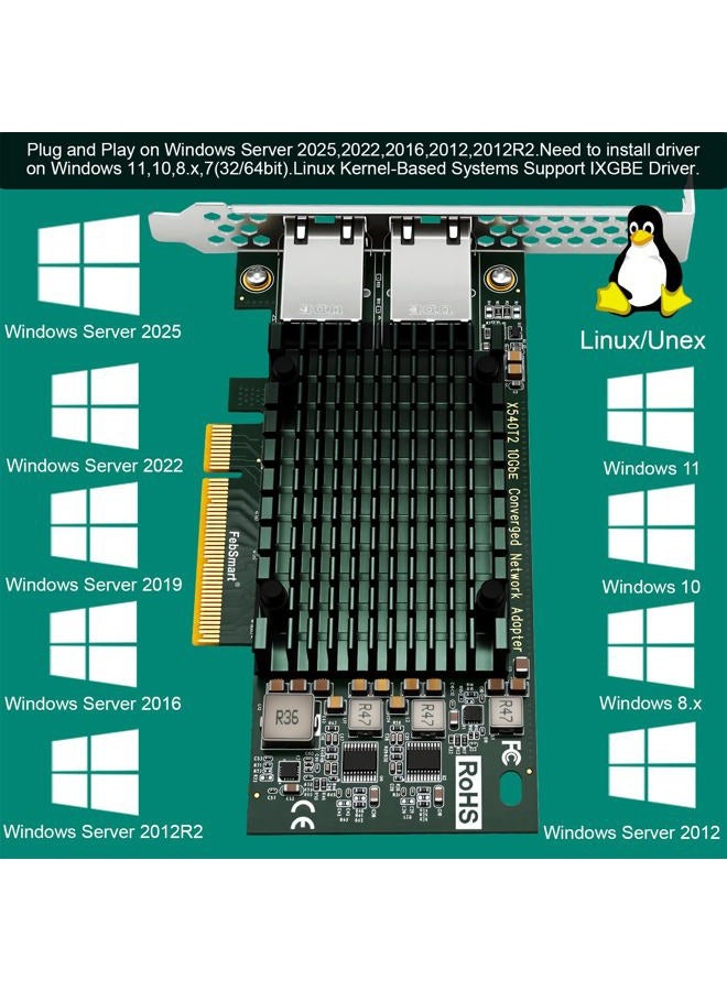 FebSmart PCIE X8 to 2X 10Gbps RJ45 Ports Network Adapter, Intel X540-AT2 Ethernet Controller, 2X 10GBASE-T RJ45 Interface PCIE NIC Card, PCI Express 10Gbps Converged Network Adapter (X540T2) - Image 5