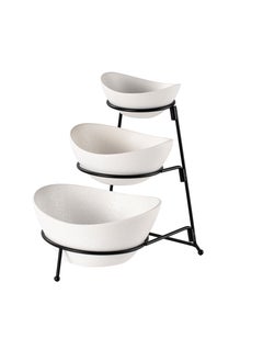 Shallow Shallow Porcelain 3-Tier Serving White Bowl Set with Sleek Black Stand (Small Bowl 13CM, Mid Bowl 16CM, Large Bowl 19CM)  - Image 1