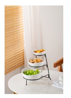 Shallow Shallow Porcelain 3-Tier Serving White Bowl Set with Sleek Black Stand (Small Bowl 13CM, Mid Bowl 16CM, Large Bowl 19CM)  - Image 2