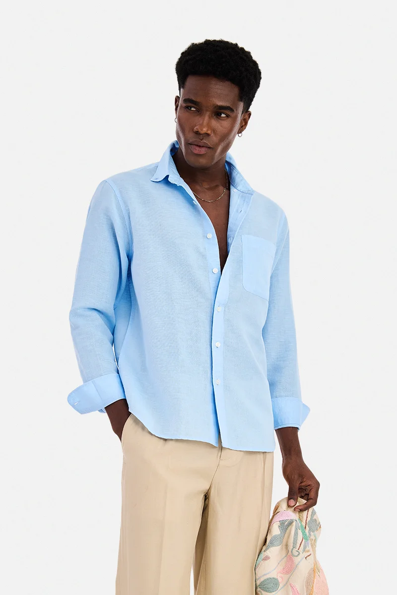 SNITCH Light Blue Solid Long Sleeve Regular Fit Casual Shirt