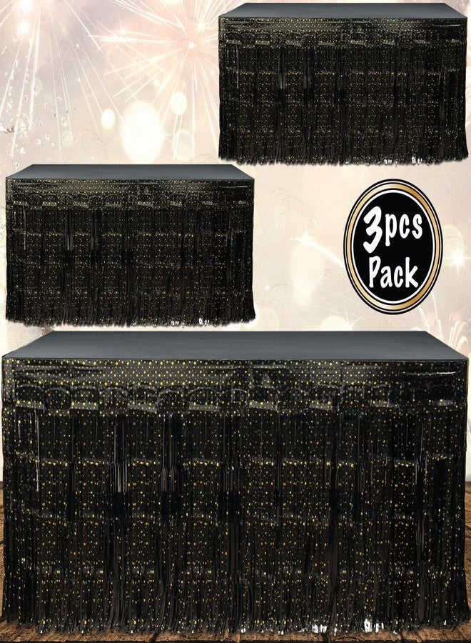 BASHOUT New Year's Eve Party Fringe Table Skirt | (3 Pcs Pack) Black - Gold Stars Metallic Skirt | 108” Long x 29” Inch Tall, New Years Party Table Decoration | Table decor Anniversaries, Graduations |BASHOUT - Image 3
