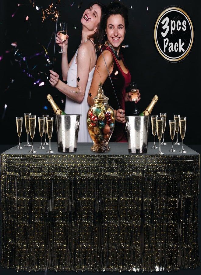 BASHOUT New Year's Eve Party Fringe Table Skirt | (3 Pcs Pack) Black - Gold Stars Metallic Skirt | 108” Long x 29” Inch Tall, New Years Party Table Decoration | Table decor Anniversaries, Graduations |BASHOUT - Image 2