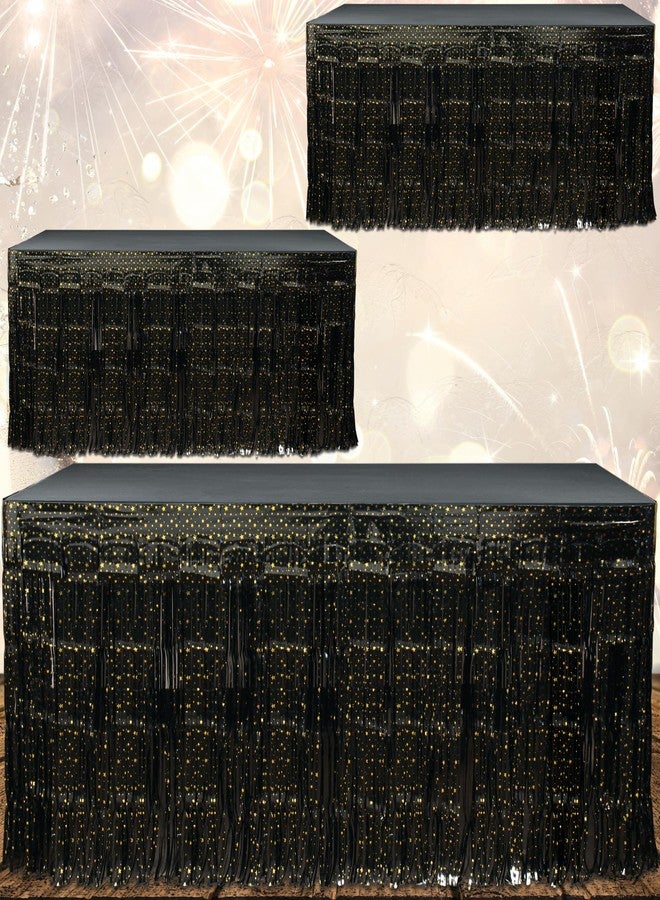 BASHOUT New Year's Eve Party Fringe Table Skirt | (3 Pcs Pack) Black - Gold Stars Metallic Skirt | 108” Long x 29” Inch Tall, New Years Party Table Decoration | Table decor Anniversaries, Graduations |BASHOUT - Image 1