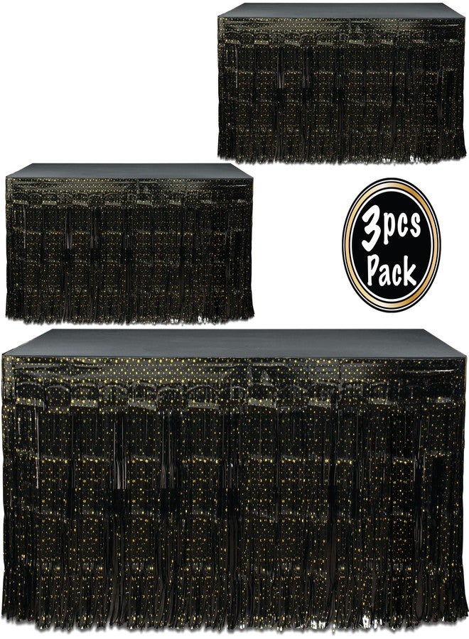 BASHOUT New Year's Eve Party Fringe Table Skirt | (3 Pcs Pack) Black - Gold Stars Metallic Skirt | 108” Long x 29” Inch Tall, New Years Party Table Decoration | Table decor Anniversaries, Graduations |BASHOUT - Image 5