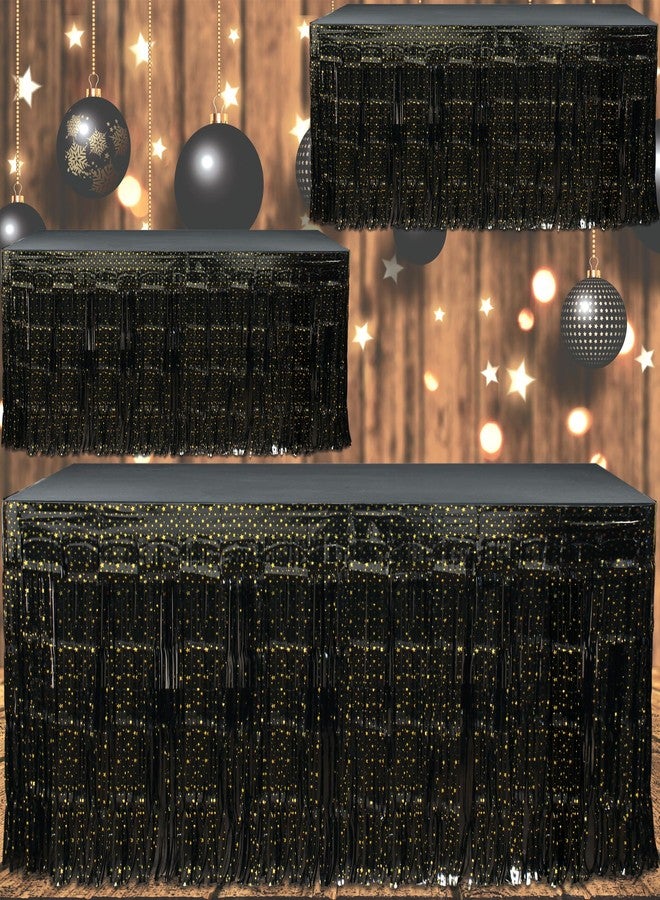 BASHOUT New Year's Eve Party Fringe Table Skirt | (3 Pcs Pack) Black - Gold Stars Metallic Skirt | 108” Long x 29” Inch Tall, New Years Party Table Decoration | Table decor Anniversaries, Graduations |BASHOUT - Image 4