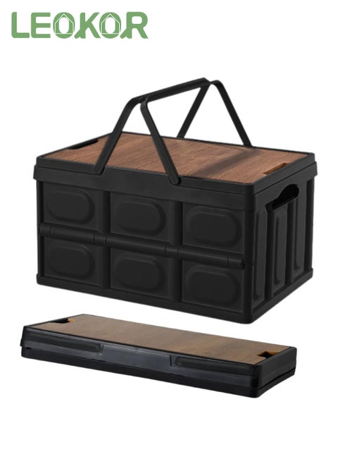 Foldable Storage Box with Wooden Lid, Camping Storage Bins, Portable Waterproof Storage Container For Outdoor Barbeque Picnic Fishing Car, Home Vehicle Organization, 55L