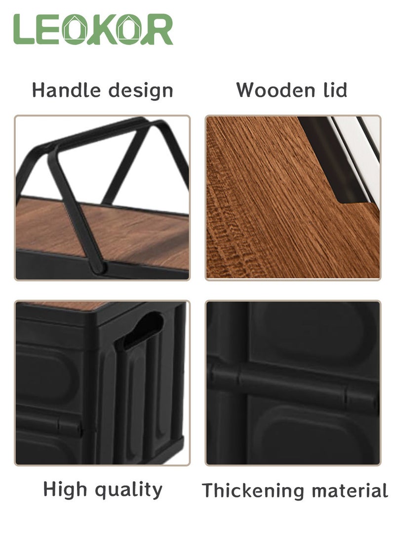 Foldable Storage Box with Wooden Lid, Camping Storage Bins, Portable Waterproof Storage Container For Outdoor Barbeque Picnic Fishing Car, Home Vehicle Organization, 55L