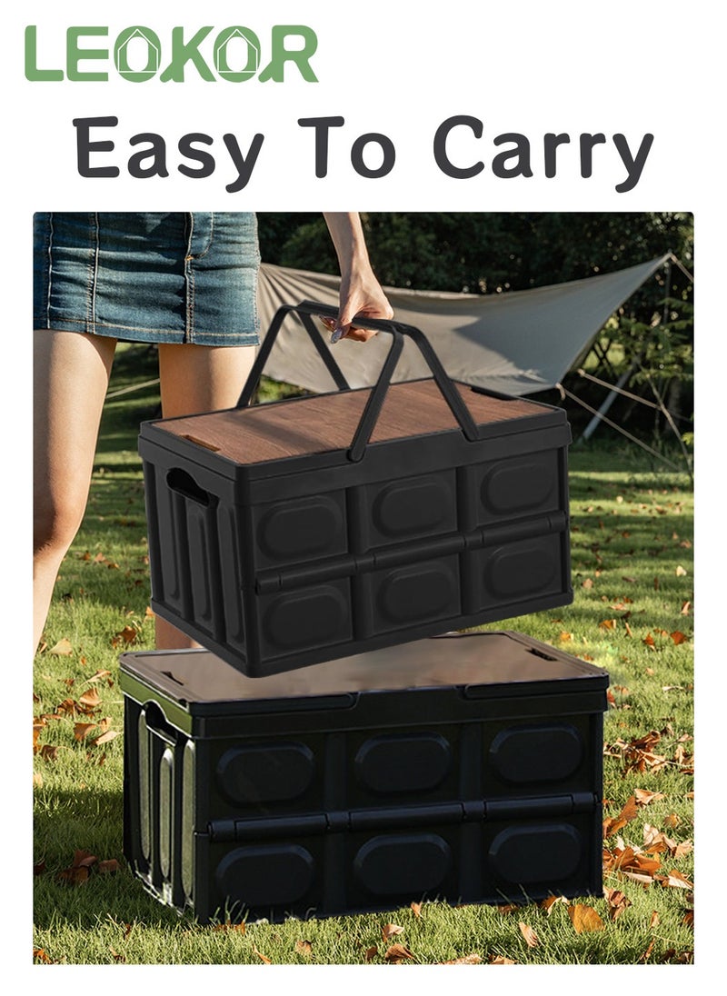 Foldable Storage Box with Wooden Lid, Camping Storage Bins, Portable Waterproof Storage Container For Outdoor Barbeque Picnic Fishing Car, Home Vehicle Organization, 55L