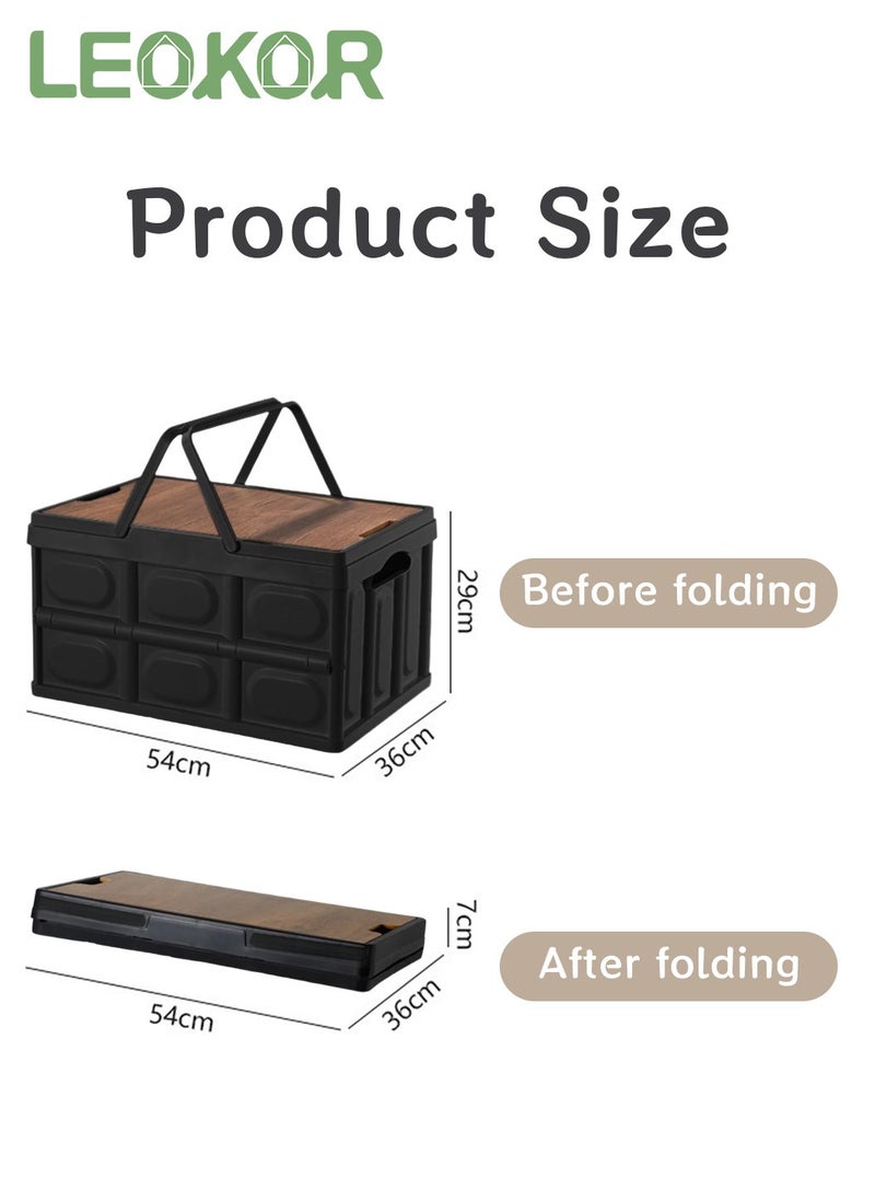 Foldable Storage Box with Wooden Lid, Camping Storage Bins, Portable Waterproof Storage Container For Outdoor Barbeque Picnic Fishing Car, Home Vehicle Organization, 55L