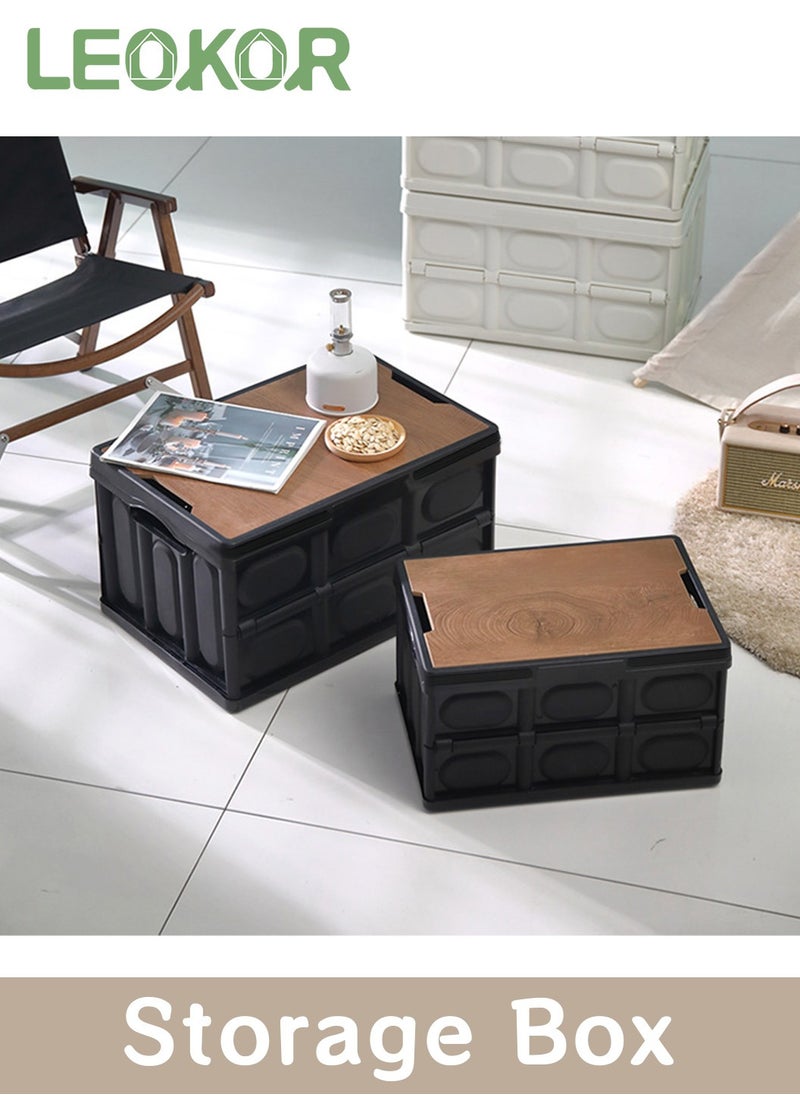 Foldable Storage Box with Wooden Lid, Camping Storage Bins, Portable Waterproof Storage Container For Outdoor Barbeque Picnic Fishing Car, Home Vehicle Organization, 55L