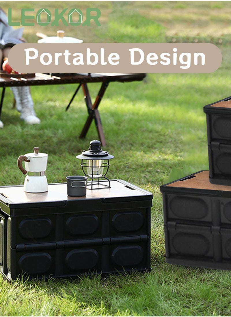 Foldable Storage Box with Wooden Lid, Camping Storage Bins, Portable Waterproof Storage Container For Outdoor Barbeque Picnic Fishing Car, Home Vehicle Organization, 55L