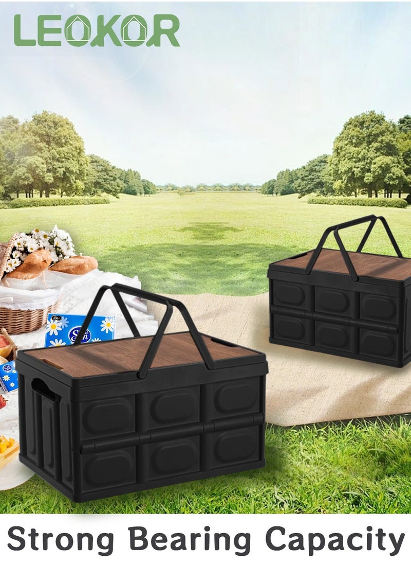 Foldable Storage Box with Wooden Lid, Camping Storage Bins, Portable Waterproof Storage Container For Outdoor Barbeque Picnic Fishing Car, Home Vehicle Organization, 55L