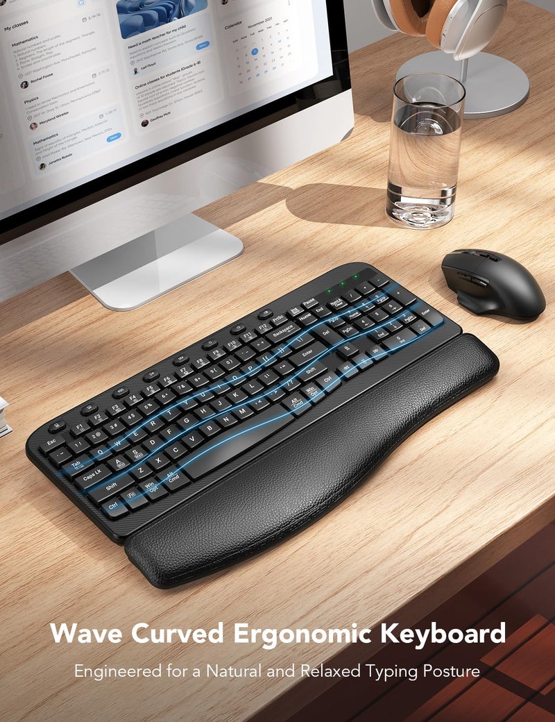 SABLUTE Wireless Keyboard and Mouse Combo â€“ Ergonomic Wave Key, Built-in Leather Soft Palm Rest, 2.4G Full Size, 6-Button Mouse with 4-Level DPI, Dual USB-A/USB-C, MA12 for Windows & macOS Compatible- SABLUTE - Image 2