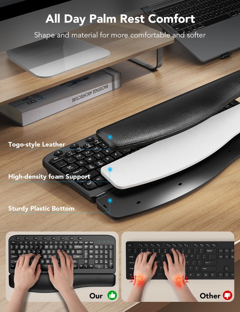 SABLUTE Wireless Keyboard and Mouse Combo â€“ Ergonomic Wave Key, Built-in Leather Soft Palm Rest, 2.4G Full Size, 6-Button Mouse with 4-Level DPI, Dual USB-A/USB-C, MA12 for Windows & macOS Compatible- SABLUTE - Image 3