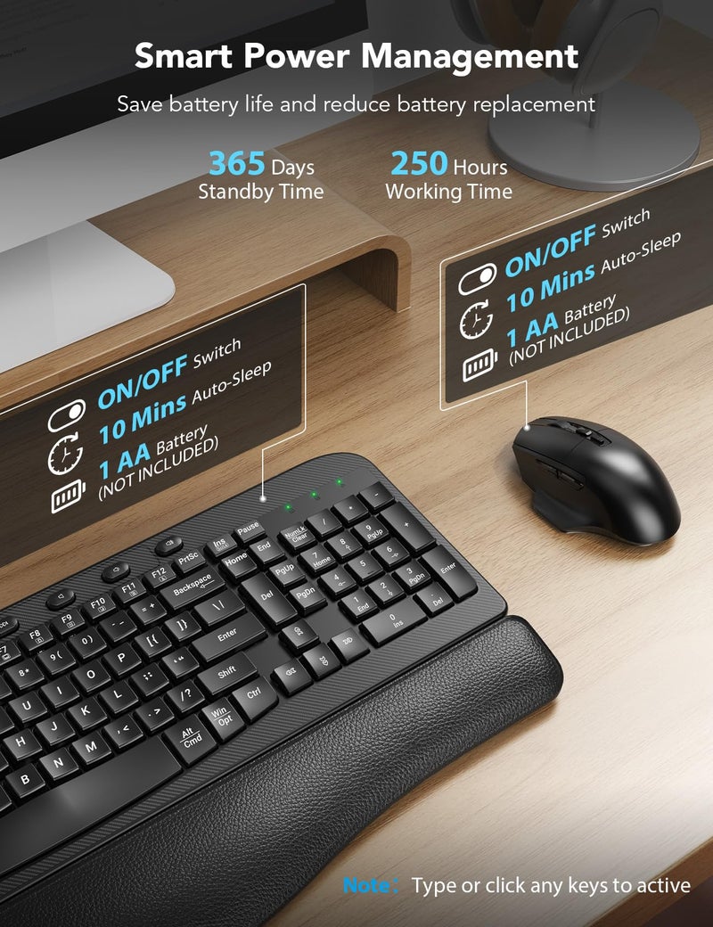 SABLUTE Wireless Keyboard and Mouse Combo â€“ Ergonomic Wave Key, Built-in Leather Soft Palm Rest, 2.4G Full Size, 6-Button Mouse with 4-Level DPI, Dual USB-A/USB-C, MA12 for Windows & macOS Compatible- SABLUTE - Image 5