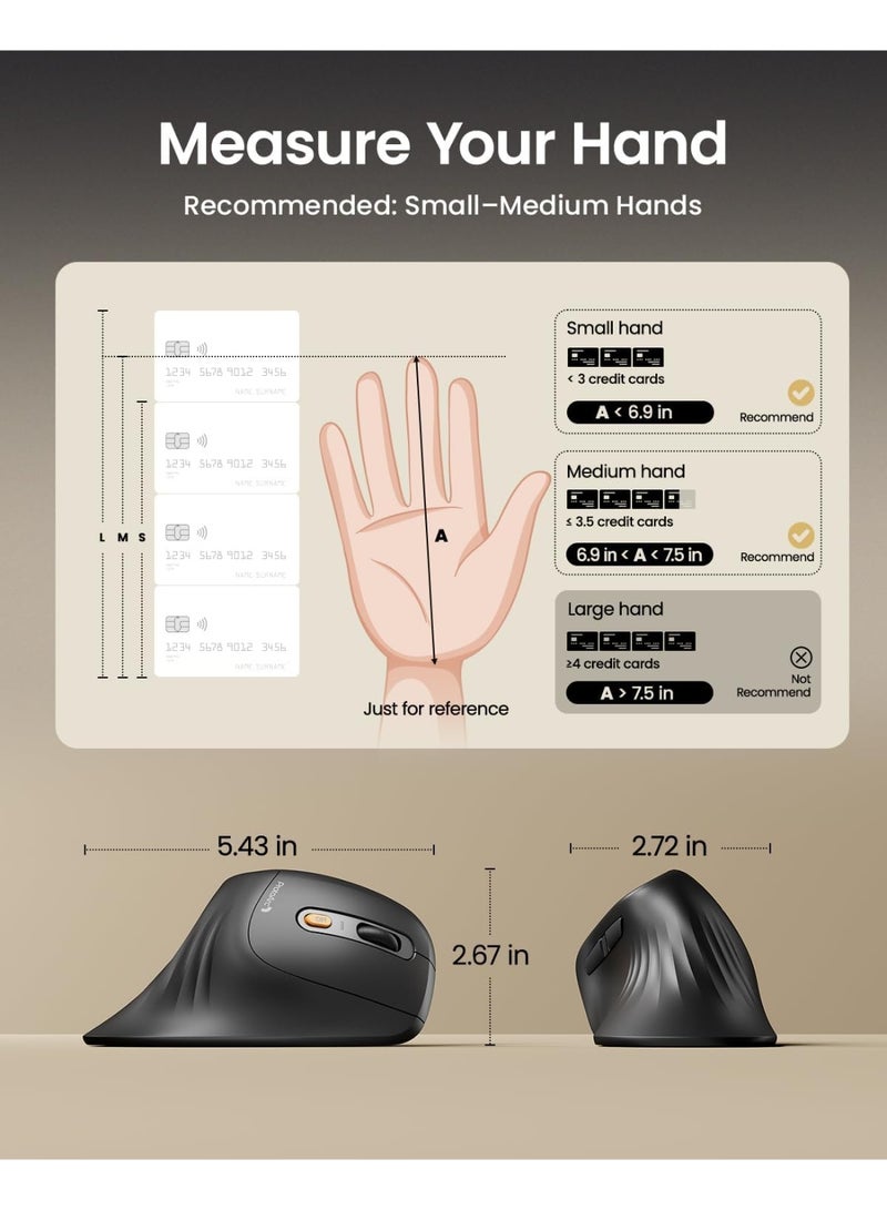 ProtoArc Ergonomic Vertical Mouse, EM11 NL Rechargeable Wireless Mouse Bluetooth, Ergo Mice with 3 Multi-Device for PC/Notebook/Laptop, 2.4GHz Optical Mice for Windows, Mac OS, Gray - Image 2