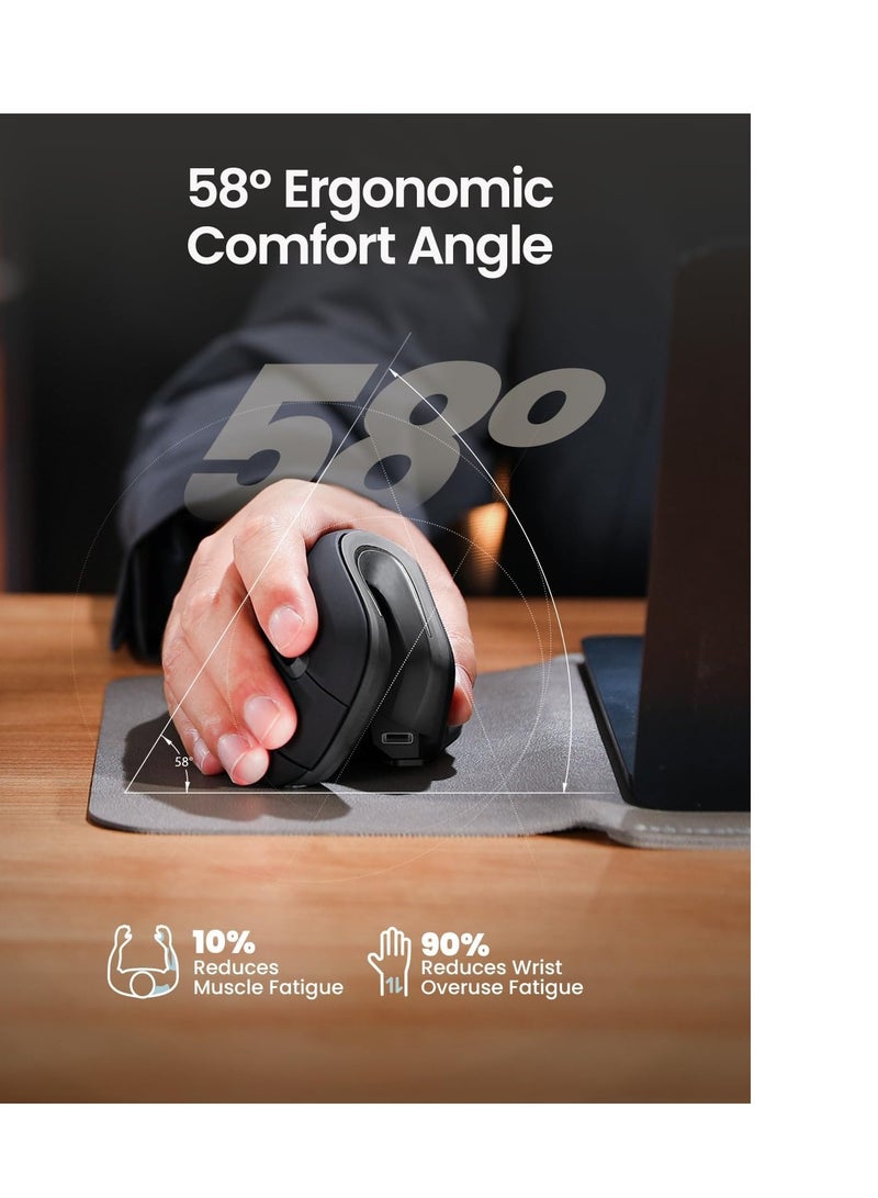 ProtoArc Ergonomic Vertical Mouse, EM11 NL Rechargeable Wireless Mouse Bluetooth, Ergo Mice with 3 Multi-Device for PC/Notebook/Laptop, 2.4GHz Optical Mice for Windows, Mac OS, Gray - Image 3