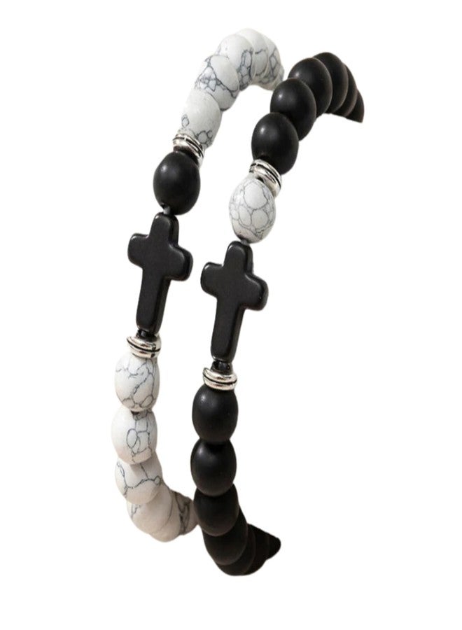 Ervio Couple Bracelets with Cross Charm | Black & White Beaded Stretch Faith Bracelet Set | Christian Jewelry for Men & Women | Matching Unisex Spiritual Wristbands for Couples - Image 4