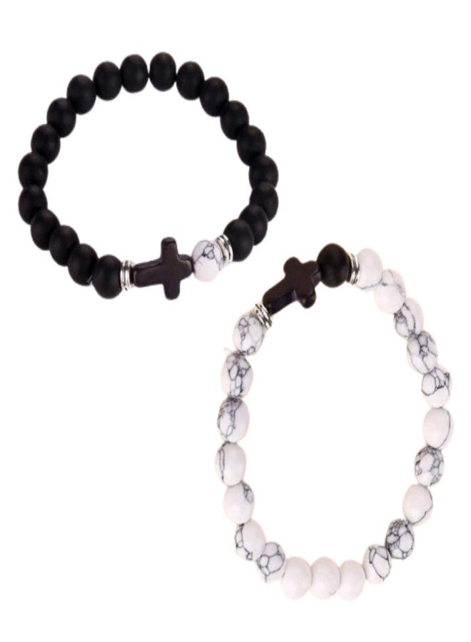 Ervio Couple Bracelets with Cross Charm | Black & White Beaded Stretch Faith Bracelet Set | Christian Jewelry for Men & Women | Matching Unisex Spiritual Wristbands for Couples - Image 3