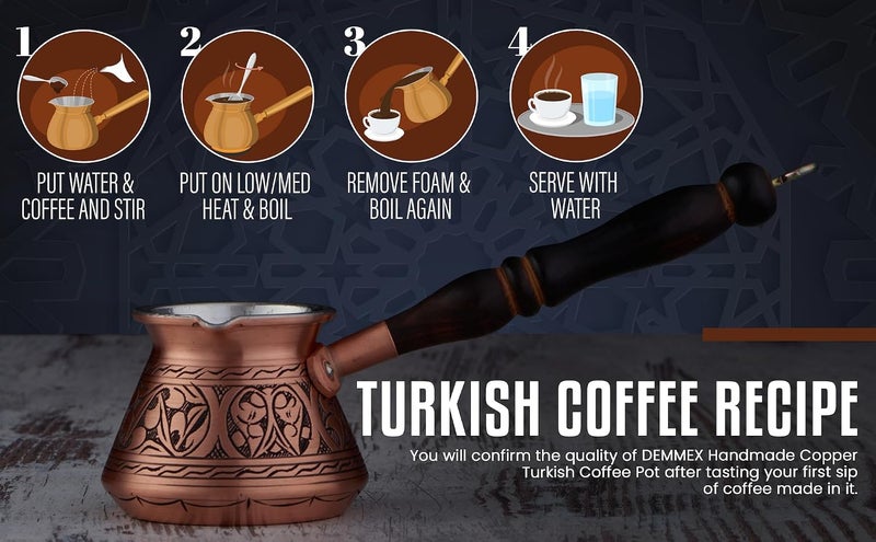 DEMMEX 15 oz Large Copper Turkish Coffee Pot Cezve Ibrik Greek Coffee Briki Stovetop Coffee Maker with Wooden Handle & Spoon, 1mm Thick Copper, Handmade & Engraved in TURKEY, 6 Servings - Image 5