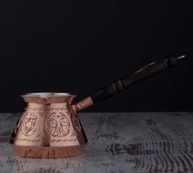 DEMMEX 15 oz Large Copper Turkish Coffee Pot Cezve Ibrik Greek Coffee Briki Stovetop Coffee Maker with Wooden Handle & Spoon, 1mm Thick Copper, Handmade & Engraved in TURKEY, 6 Servings - Image 4