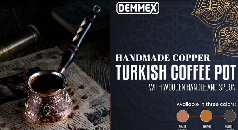 DEMMEX 15 oz Large Copper Turkish Coffee Pot Cezve Ibrik Greek Coffee Briki Stovetop Coffee Maker with Wooden Handle & Spoon, 1mm Thick Copper, Handmade & Engraved in TURKEY, 6 Servings - Image 2