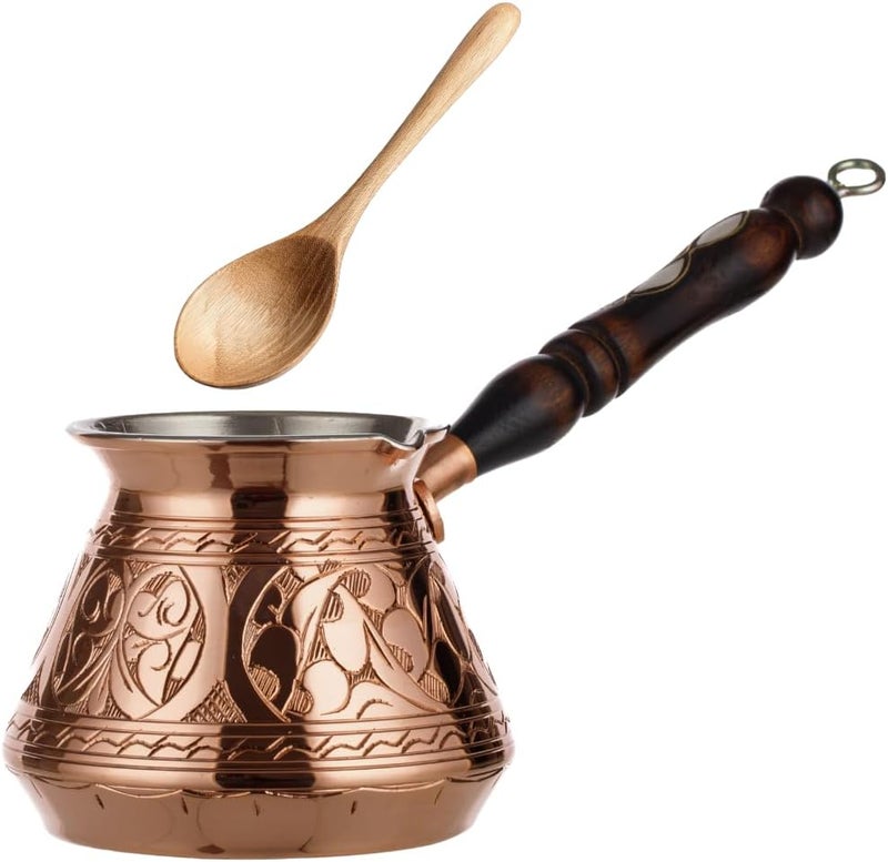 DEMMEX 15 oz Large Copper Turkish Coffee Pot Cezve Ibrik Greek Coffee Briki Stovetop Coffee Maker with Wooden Handle & Spoon, 1mm Thick Copper, Handmade & Engraved in TURKEY, 6 Servings - Image 1