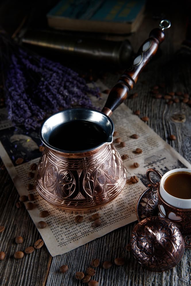 DEMMEX 15 oz Large Copper Turkish Coffee Pot Cezve Ibrik Greek Coffee Briki Stovetop Coffee Maker with Wooden Handle & Spoon, 1mm Thick Copper, Handmade & Engraved in TURKEY, 6 Servings - Image 3
