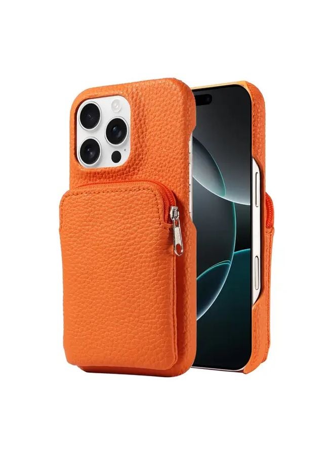 حافظة آيفون 16 برو ماكس البرتقالية من الجلد الاصطناعي بسحاب ضد السقوط - Image 1