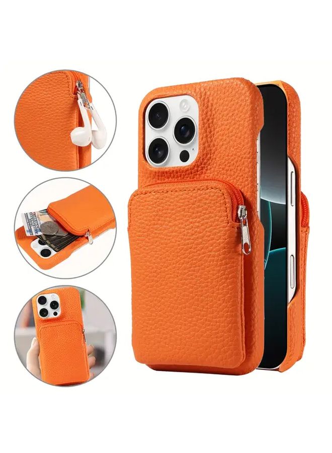 حافظة آيفون 16 برو ماكس البرتقالية من الجلد الاصطناعي بسحاب ضد السقوط - Image 2