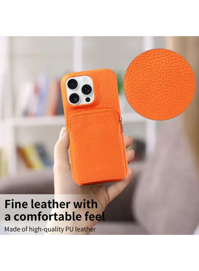 حافظة آيفون 16 برو ماكس البرتقالية من الجلد الاصطناعي بسحاب ضد السقوط - Image 5