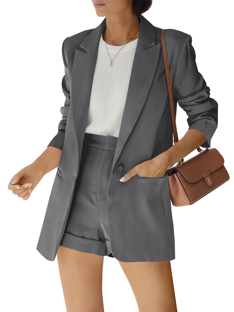 Womens 2 Piece Open Front Long Sleeve Blazer and Solid Short Pants Suit Sets Grey