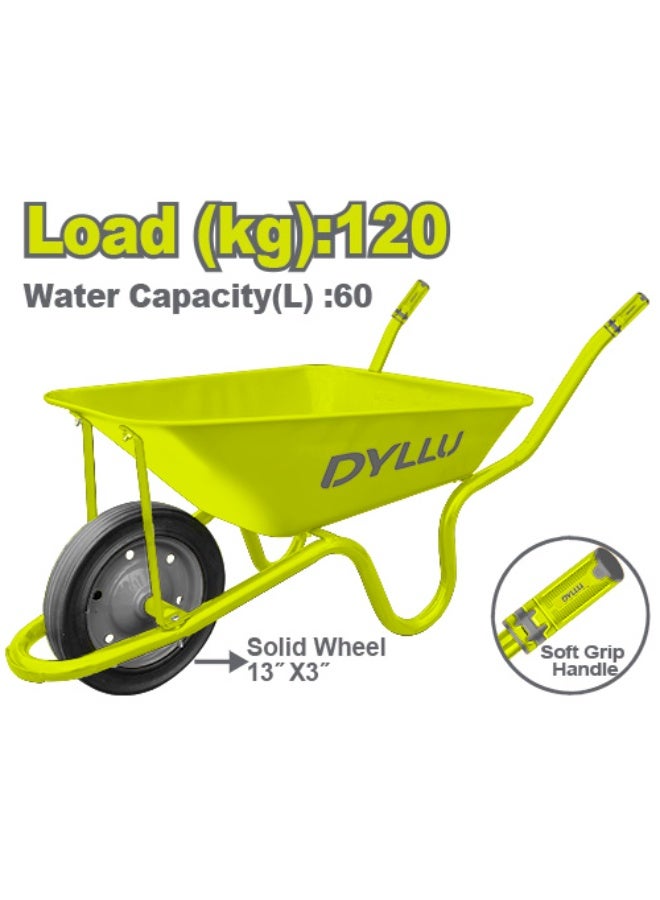 120kg Wheelbarrow with Solid Wheel, Heavy-Duty Steel Tray, Soft Grip Handle