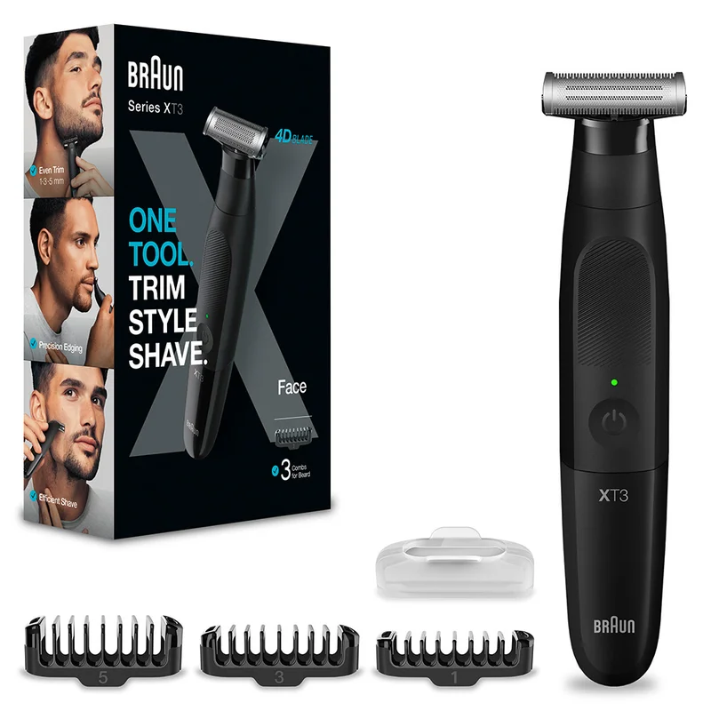 Braun Hybrid Trimmer Face with 4D-Flex Blade, Waterproof, 3 Combs, Pouch, Black - XT3100