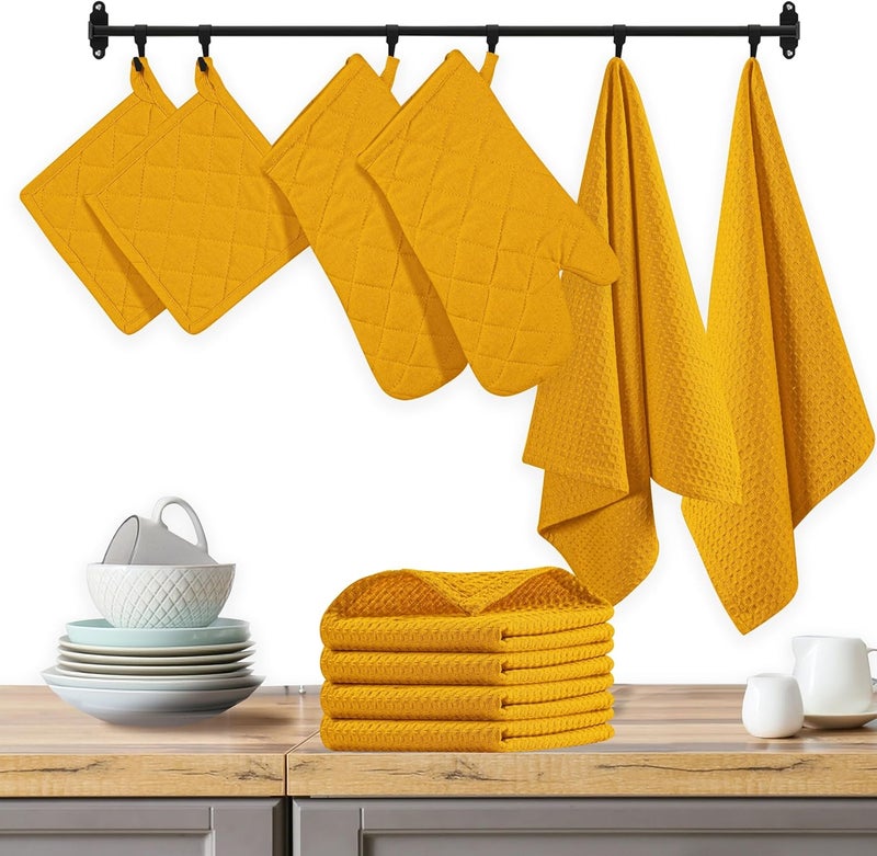 Native Fab 10-Piece Kitchen Set - 100% Cotton, Includes Dishcloths, Dish Towels, Oven Mitts, Potholders, Heat Resistant & Durable, Ideal for Baking, Cooking, and All Kitchen Tasks - Mustard Yellow - Image 1