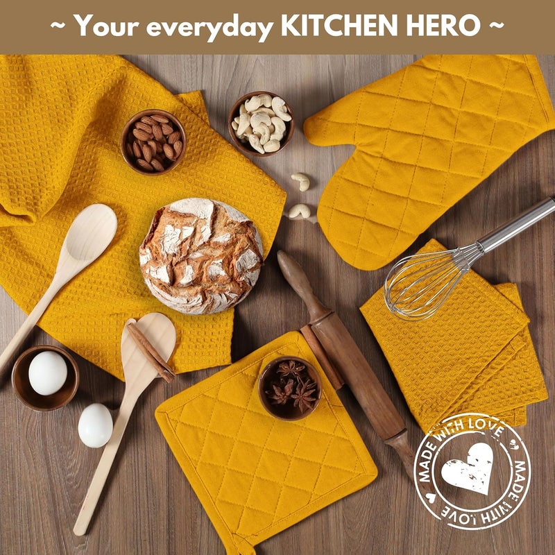Native Fab 10-Piece Kitchen Set - 100% Cotton, Includes Dishcloths, Dish Towels, Oven Mitts, Potholders, Heat Resistant & Durable, Ideal for Baking, Cooking, and All Kitchen Tasks - Mustard Yellow - Image 2